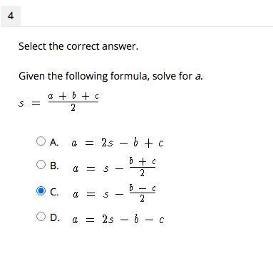 Help meeee Given the following formula, solve for a. A. B. C. D.-example-1