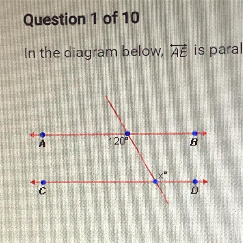 In the diagram below, AB is parallel to CD. What is the value of x? A. 120 В. 80 с-example-1