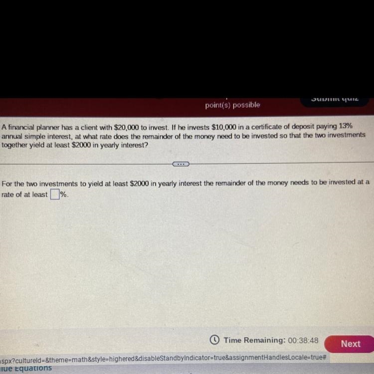 A financial planner has a client with $20,000 to invest. If he invests $10,000 in-example-1