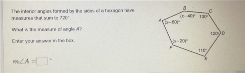 The interior angles formed by the sides of a hexagon have measures that sum to 720°. What-example-1