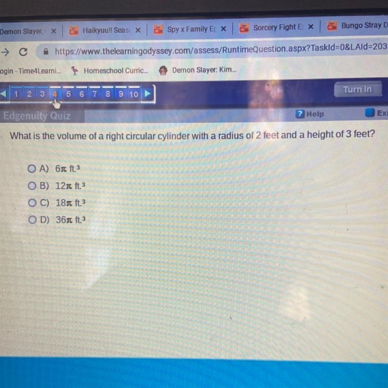 What is the volume of a right circular cylinder with a radius of 2 feet and a height-example-1