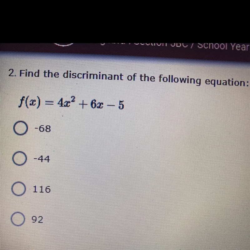 Find the discriminant of the following equation? Please help me!-example-1