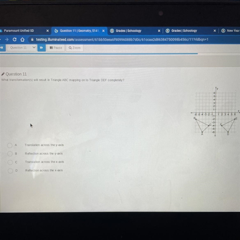 Question 11 What transformation(s) will result in Triangle ABC mapping on to Triangle-example-1