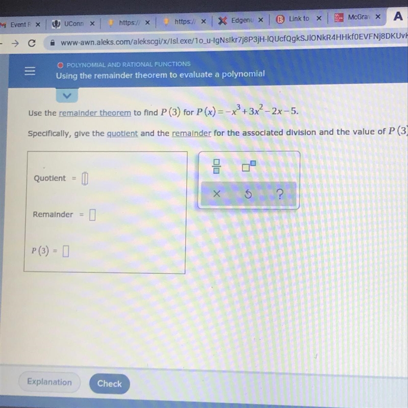 Use the remainder theorem to find P (3) for P(x) = -x+3x² - 2x-5.Specifically, give-example-1