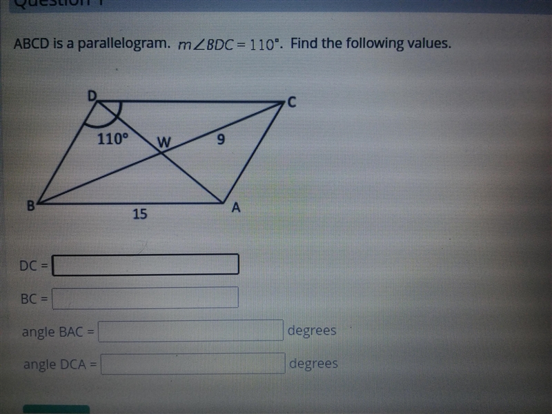 Does anybody know this? ABCD is a parallelogram BDC=110. Find the following values-example-1