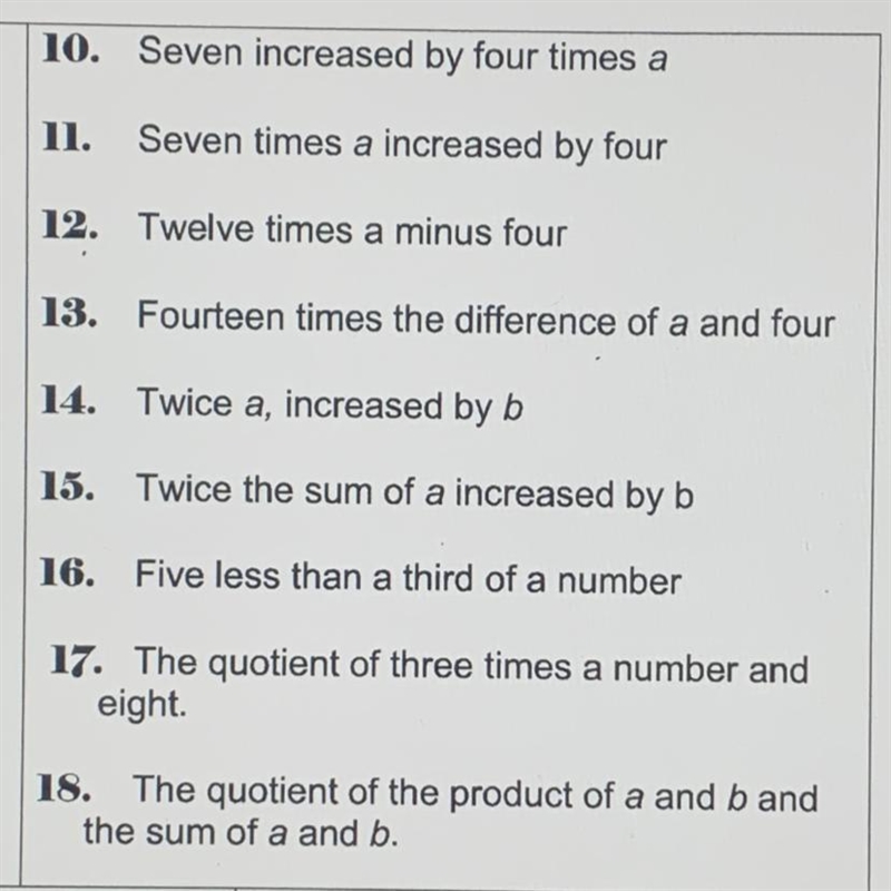 Translate each verbal expression into an algebraic expression. 10. Seven increased-example-1