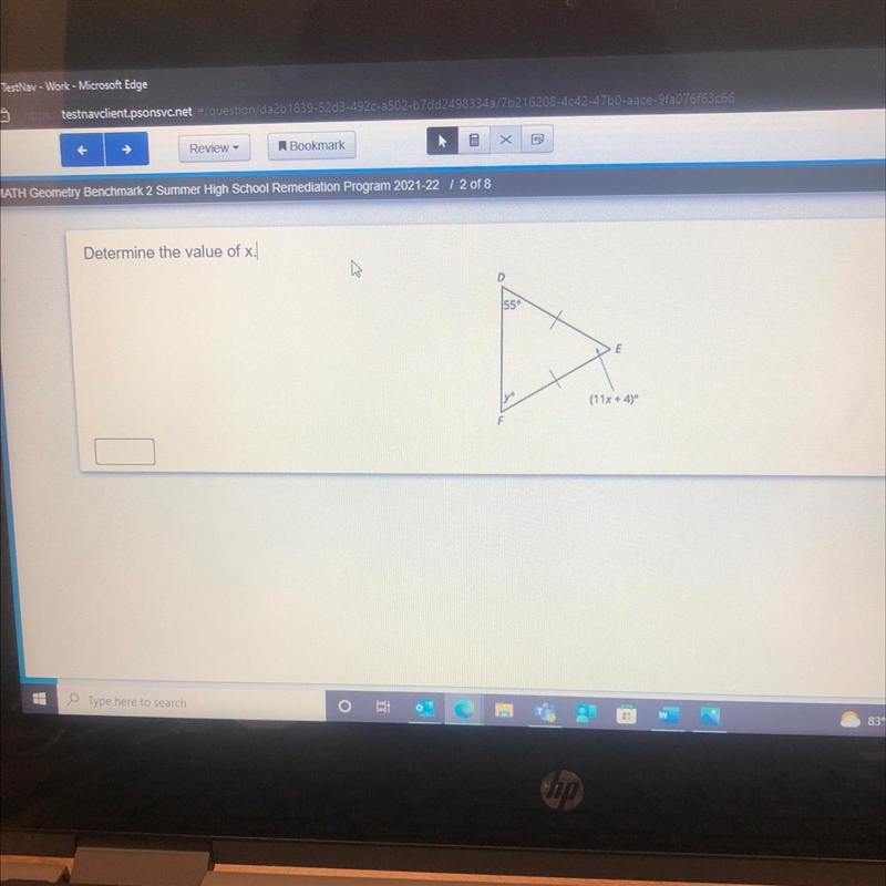 Determine the value of x. घ 55° yo E (11x + 4)º-example-1