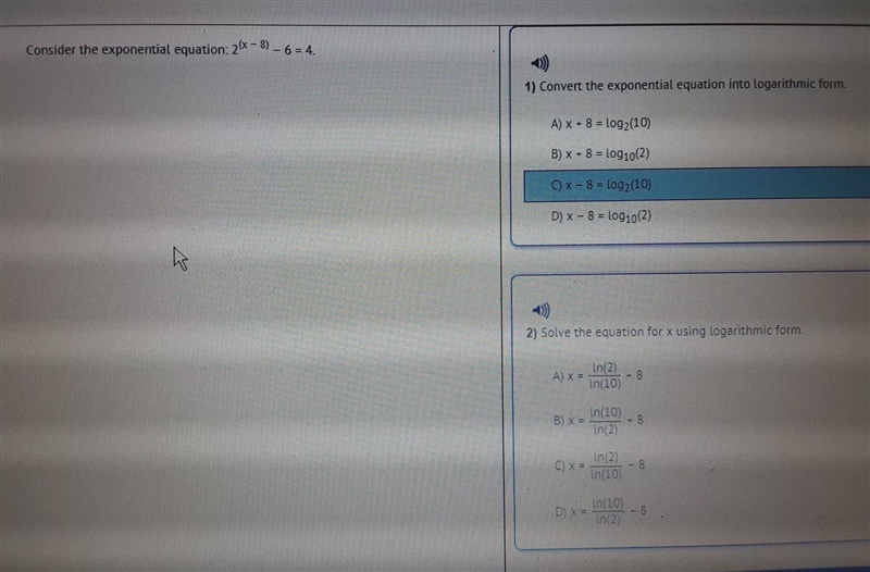 Consider the exponential equation: 2^(x - 8) - 6 = 41) Convert the exponential equation-example-1