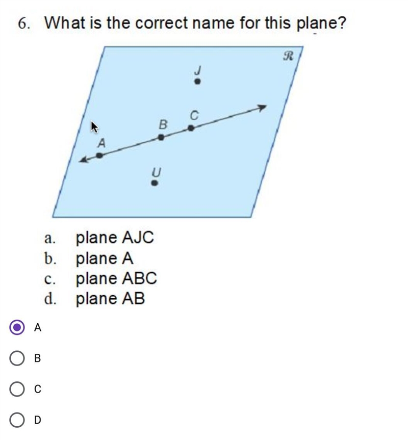 What is the correct name for this plane? (look to ss) A. plane AJC B. plane A C. plane-example-1