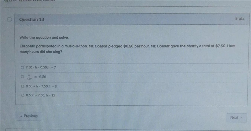 Elizabeth participated in a music-a-thon. Mr.Caesar gave the charity a total of $7.50. How-example-1