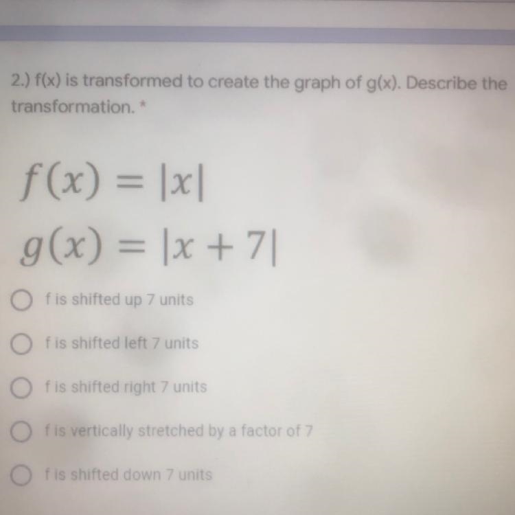 2.) f(x) is transformed to create the graph of g(x). Describe the transformation f-example-1