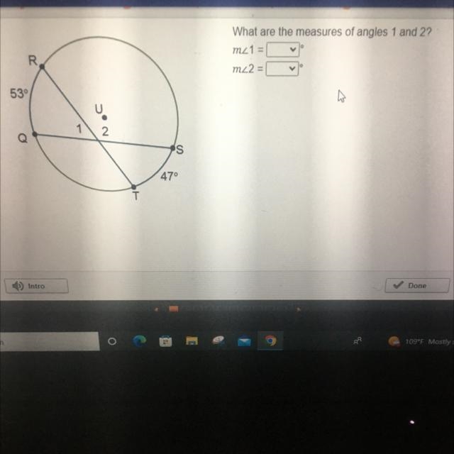 R 53° 1 2 T S 47° What are the measures of angles 1 and 2? mz1 = mz2 =-example-1