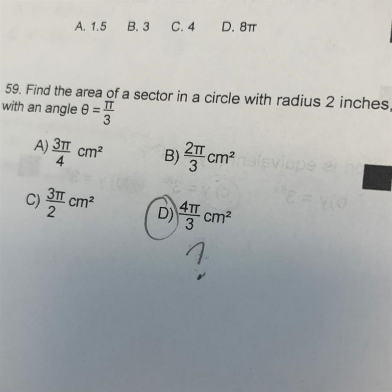 Find the area of a sector in a circle with radius 2 inches, with an angle 0= pie/3-example-1