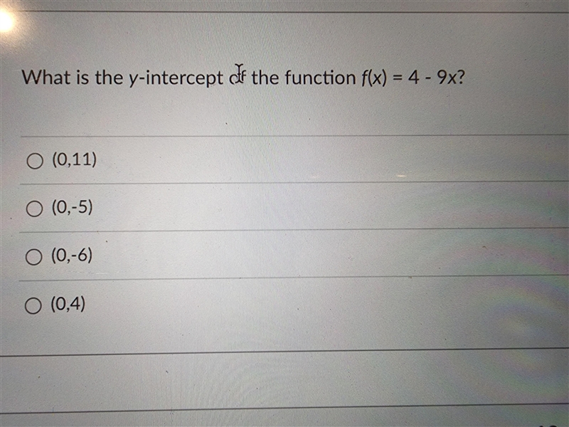 What is the y intercept of the function f(x) =4-9x-example-1