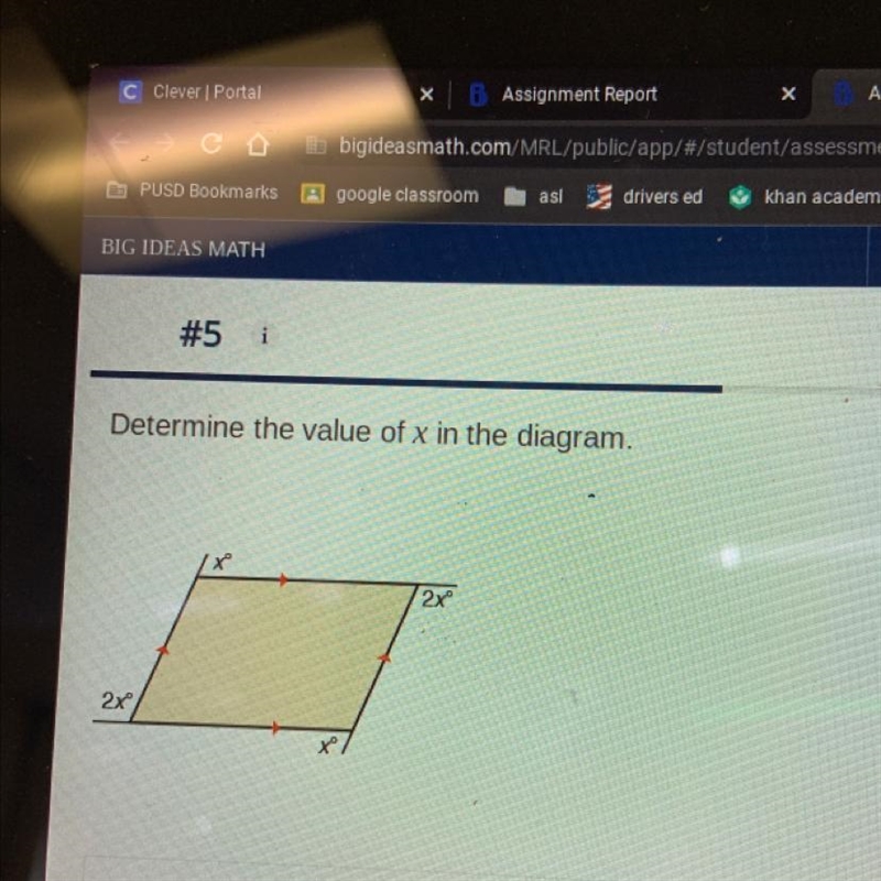 Determine the value of x in the diagram. x 2x 2x-example-1