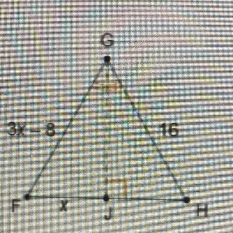 In Triangle FGH, GJ is an angle bisect or of G and perpendicular to FH. What is the-example-1