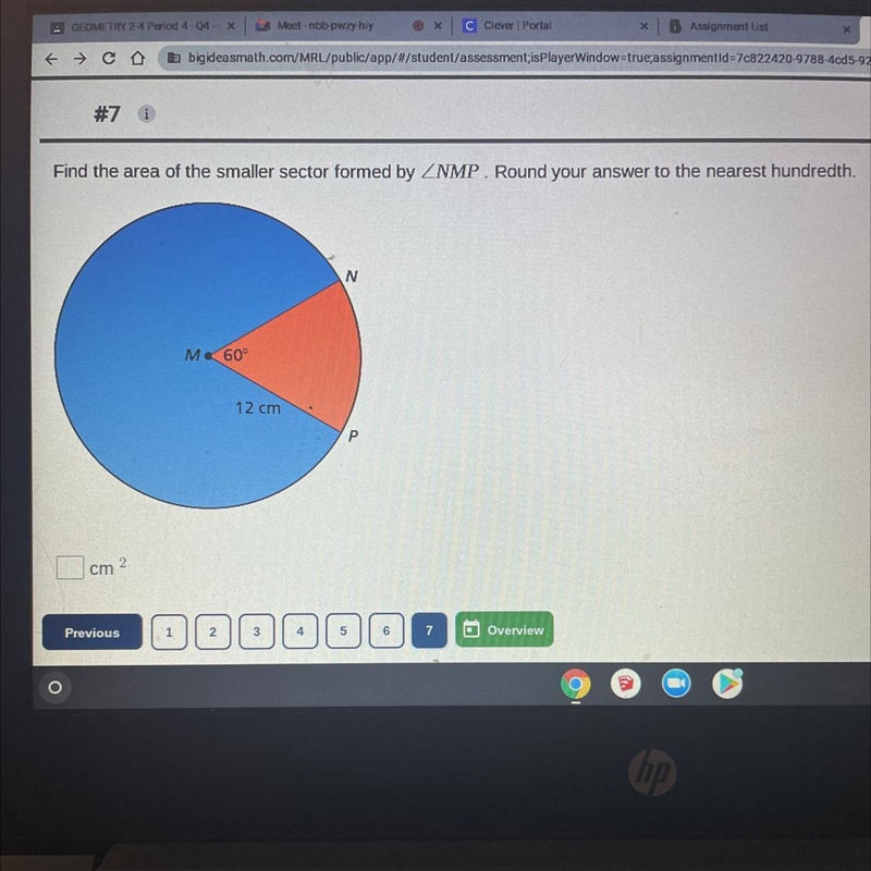 Find the area of the smaller sector formed by NMP. Round your answer to the nearest-example-1