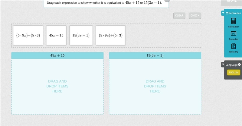 Drag each expression to show whether it is equivalent to 45x+15 or 15(3x−1). Please-example-1