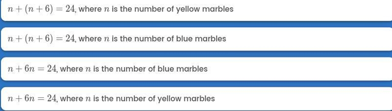 Charles has 24 marbles. He has 6 more marbles than blue marbles. Which equation represents-example-1