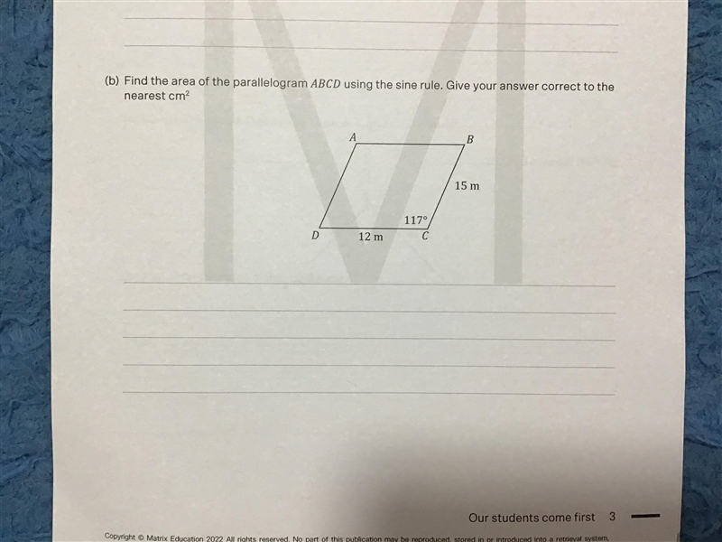 Trigonometry, how would I find the area of this parallelogram?-example-1