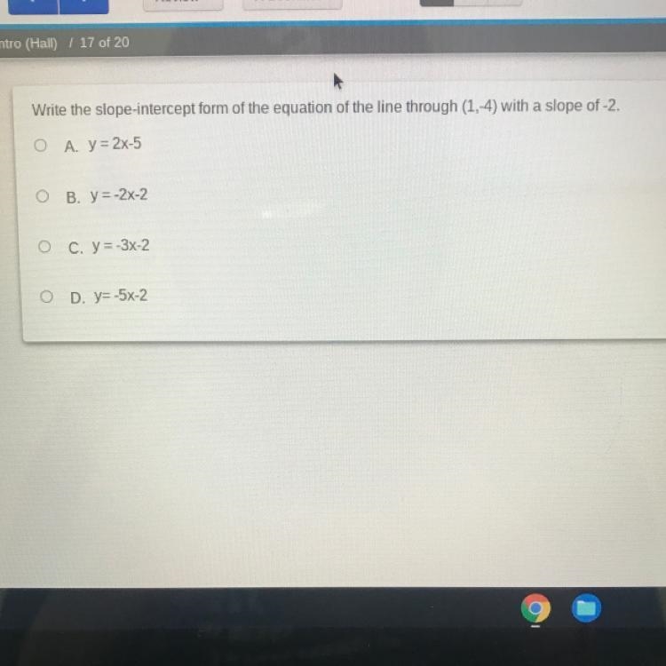 Write the slope-intercept form of the equation of the line (1,-4) with a slope of-example-1