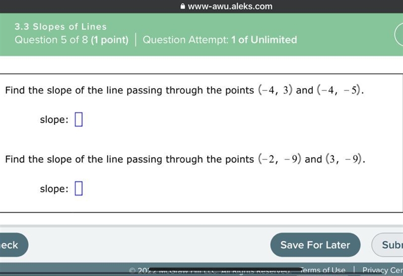 Find the slope of the line passing through the points (-4, 3) and (-4,-5). slope: Find-example-1