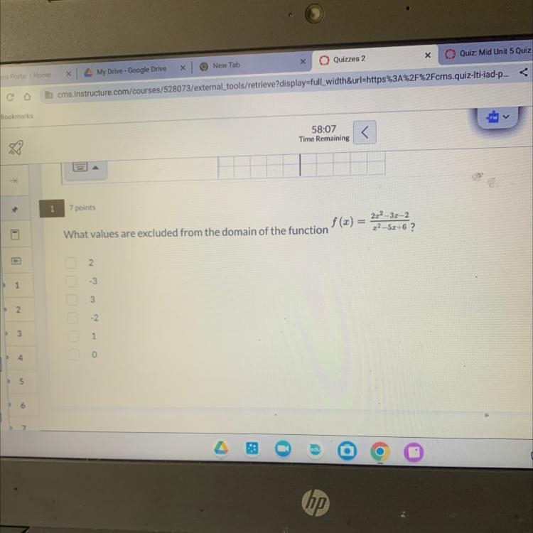 What values are excluded from the domain of the function 2 -3 3 -2 0 f(x) = 2x²-3x-example-1