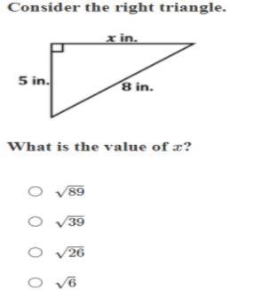 Consider the right triangle 8 in. 5 in. x what is x-example-1