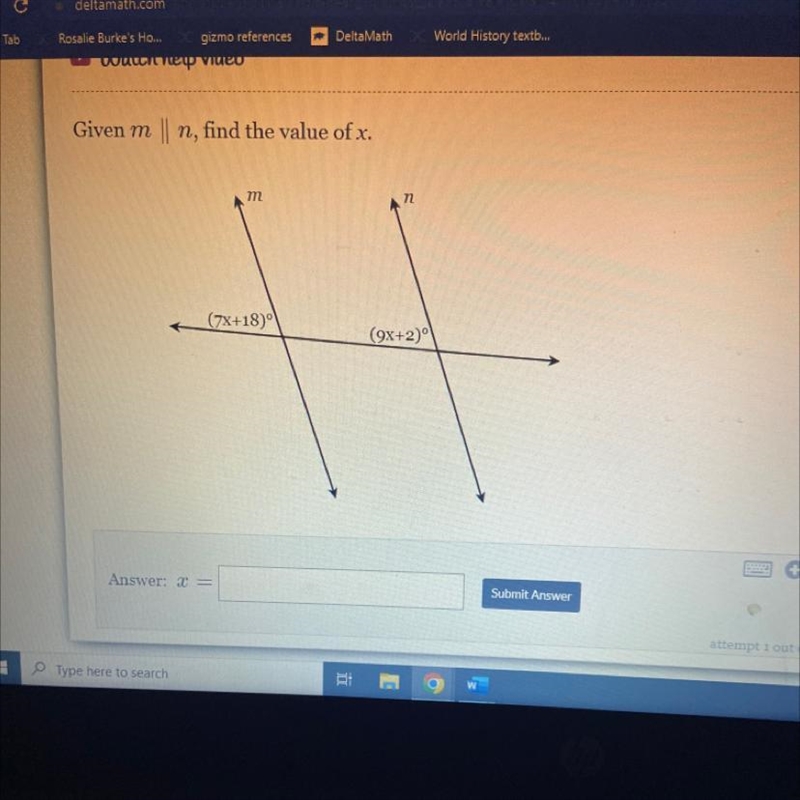 Given m || n, find the value of x. m (7x+18) n (9x+2)-example-1