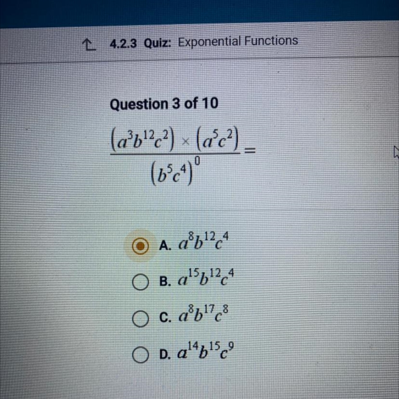 (a^3b^12c^2)x(a^5c^2)/(b^5c^4)^0-example-1