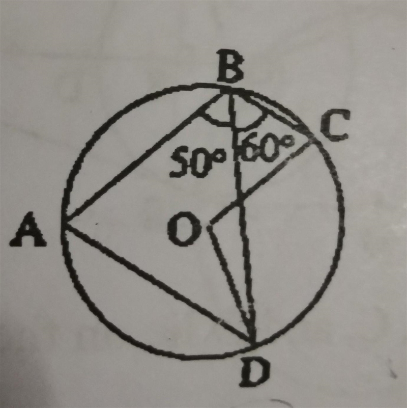 In the figure, ∠ABD = 50° and ∠BCD = 60°. Calculate ∠ADC and ∠ADO.​-example-1