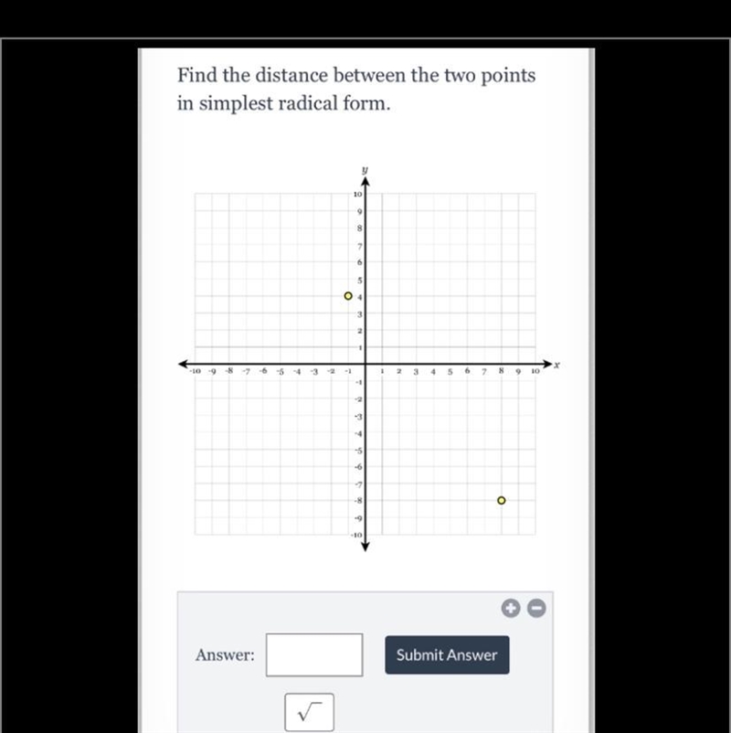 Find the distance between the two points in simplest radical form.-example-1