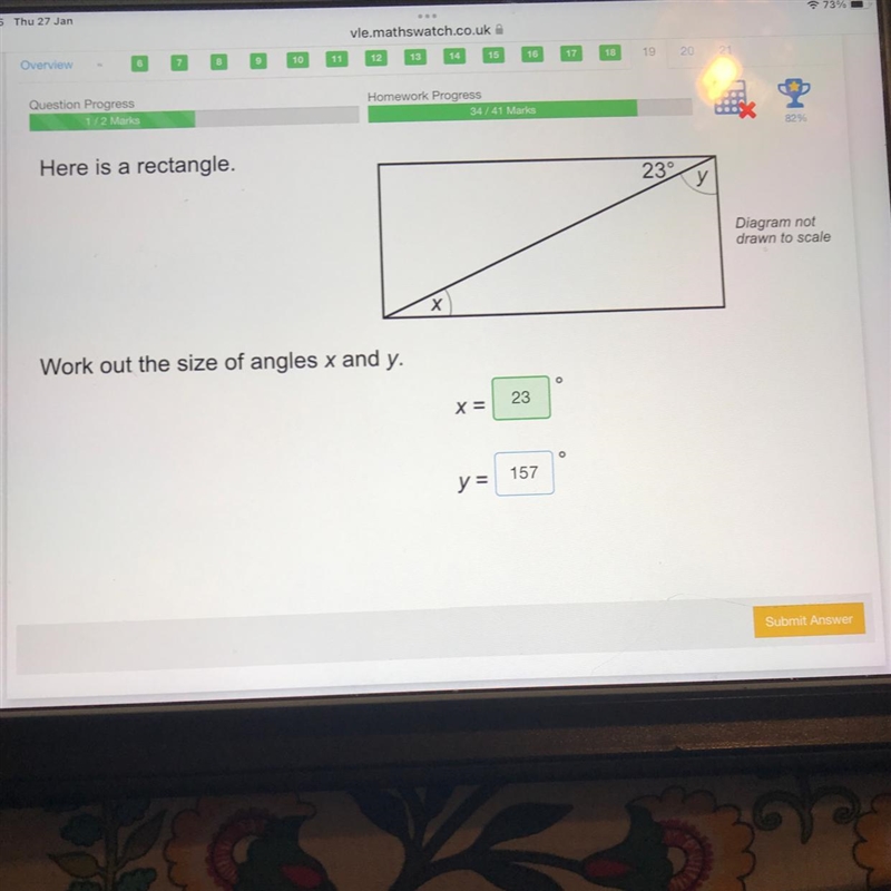 Here is a rectangle work out the size of angle x and y I dk what the angle of y is-example-1