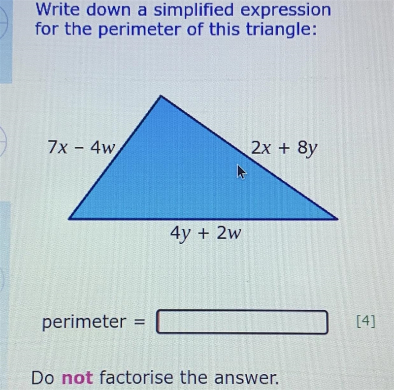 Write down a simplified expression for the perimeter of this triangle: side one: 7x-example-1