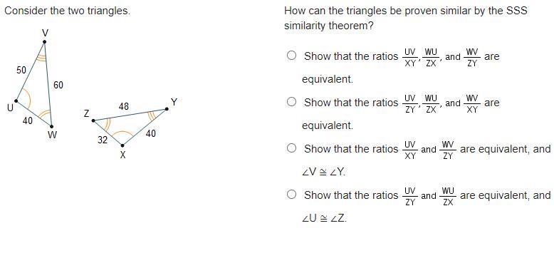 How can the triangles be proven similar by the SSS similarity theorem?-example-1