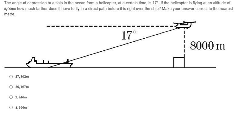 The angle of depression to a ship in the ocean from a helicopter, at a certain time-example-1