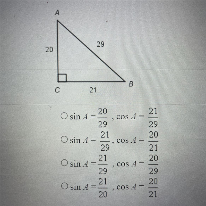 What are the ratios for sin A and cos A? The diagram is not drawn to scale.-example-1