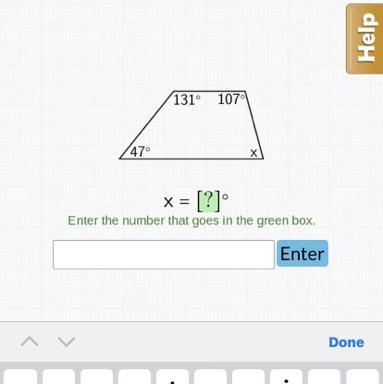 47° 131° 107° X X = [?]° Enter the number that goes in the green box.-example-1