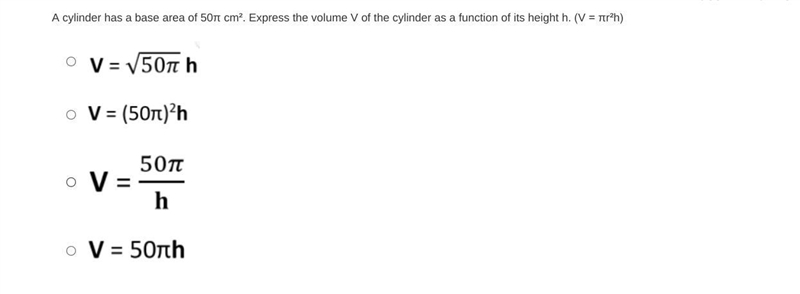 A cylinder has a base area of 50π cm². Express the volume V of the cylinder as a function-example-1