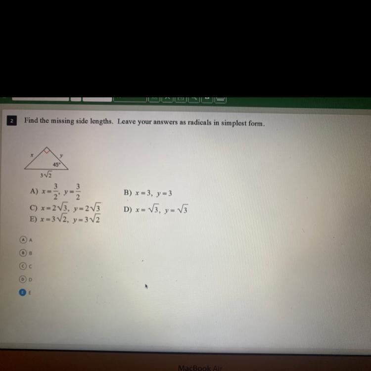 Find the missing side lengths. Leave your answers as radicals in simplest form.-example-1