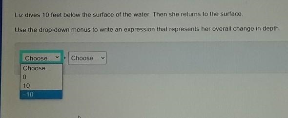 Liz dives 10 feet below the surface of the water. Then she returns to the surface-example-1