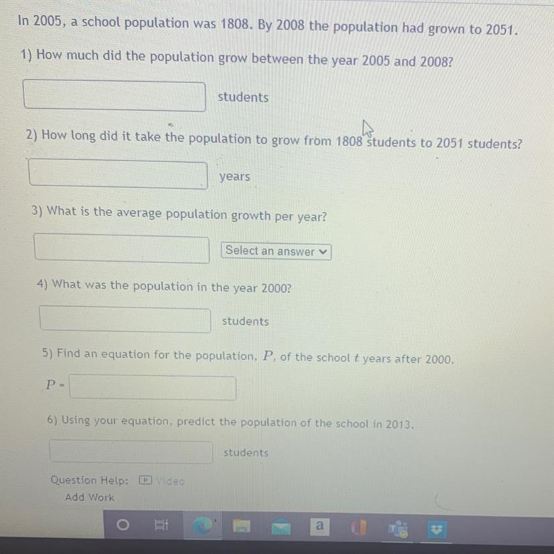 In 2005, a school population was 1808. By 2008 the population had grown to 2051.-example-1