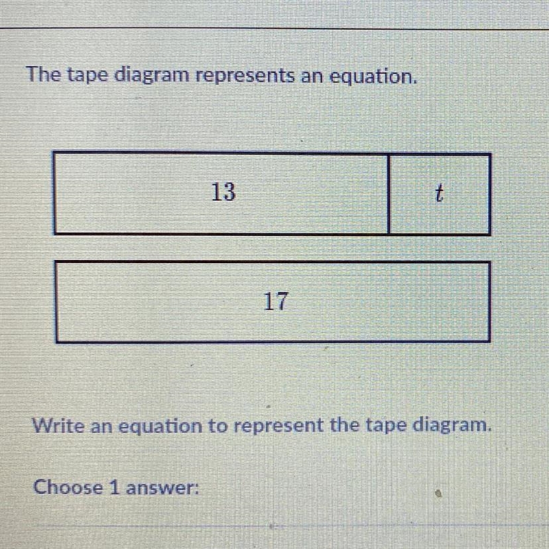 Choose one answer: A: 13+t=17 B:13t=17 Find the value of t that makes the equation-example-1