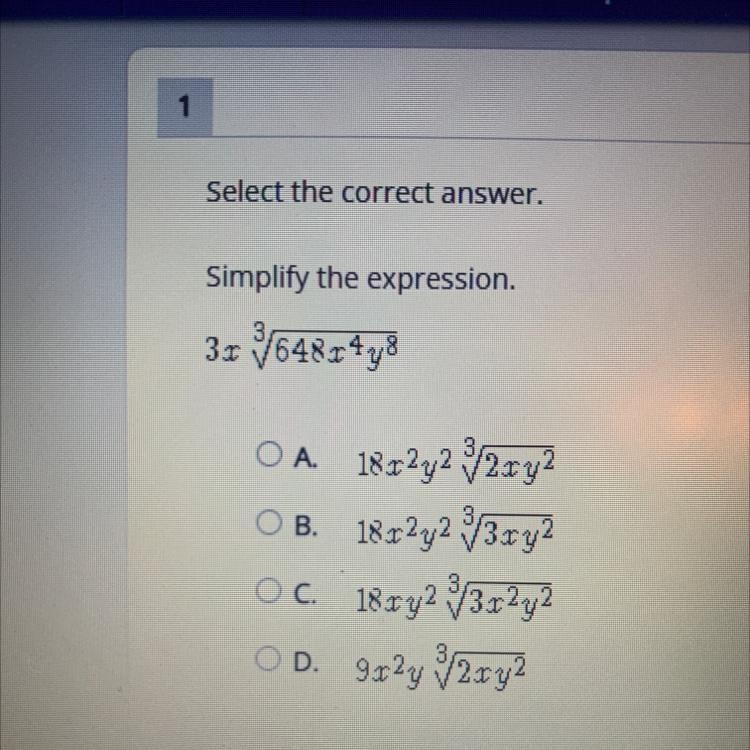 PLEASE HELP Select the correct answer. Simplify the expression. 3.1 648x478 OA. 18.12y-example-1