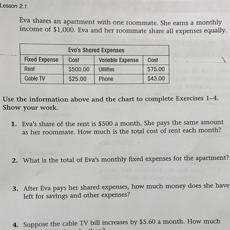 What is the total of Eva's monthly fixed expenses for the apartment?-example-1