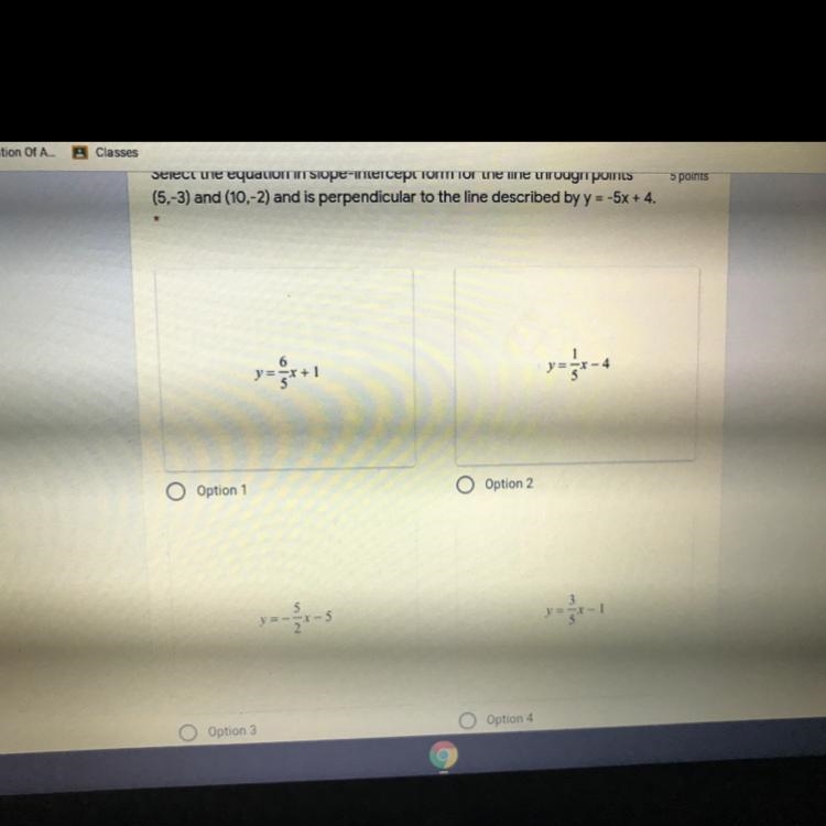 Select the equation in slope-intercept form for the line through points (5, - 3) and-example-1