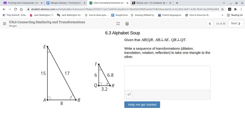 Given that AB parallels QR, AB bisects AE, QR bisects QT Write a sequence of transformations-example-1