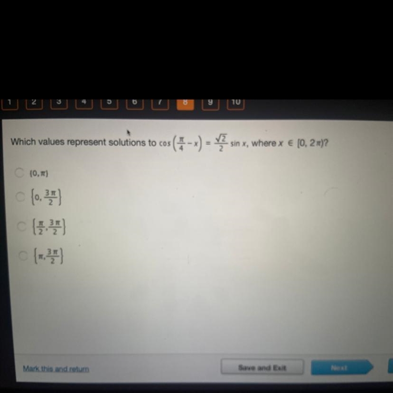 Which values represent solutions to cos s(1 - x) = x sinx, where x E [0, 27)?-example-1