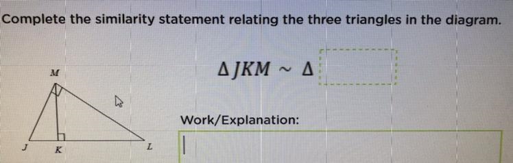 Complete the similarity statement relating the three triangles in the diagram. Show-example-1