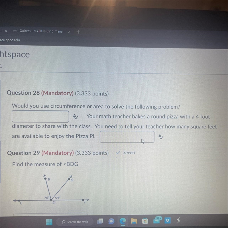 Would you use circumference or area to solve the following problem? Your math teacher-example-1